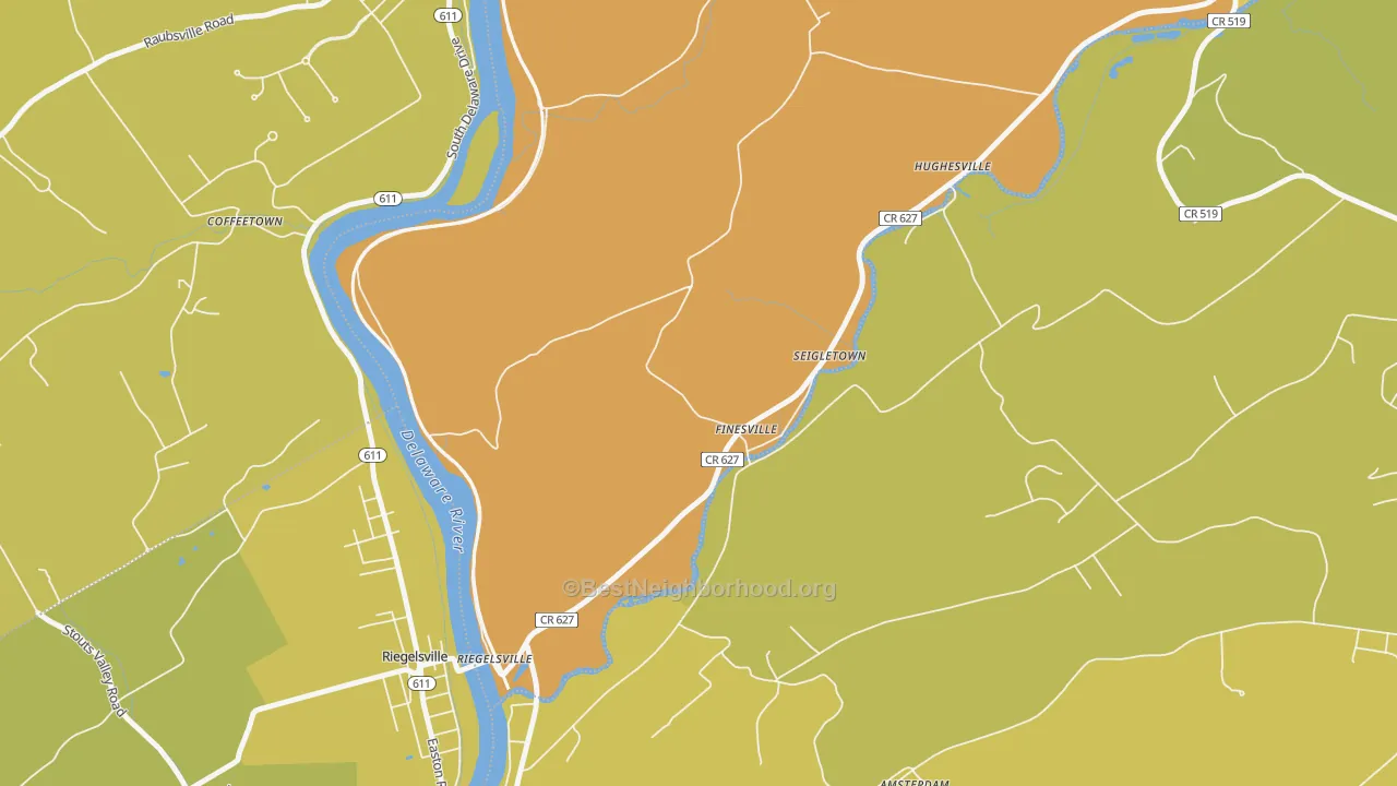 Map of the best neighborhoods in the Finesville area, with better matches in green and worse matches in red