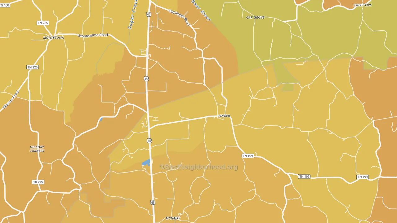 Map of the best neighborhoods in the Finger area, with better matches in green and worse matches in red