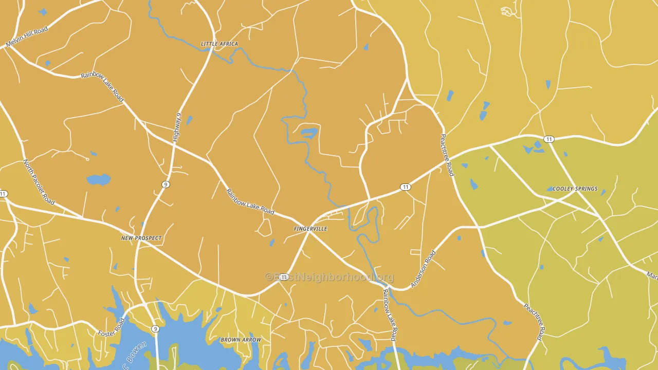 Map of the best neighborhoods in the Fingerville area, with better matches in green and worse matches in red