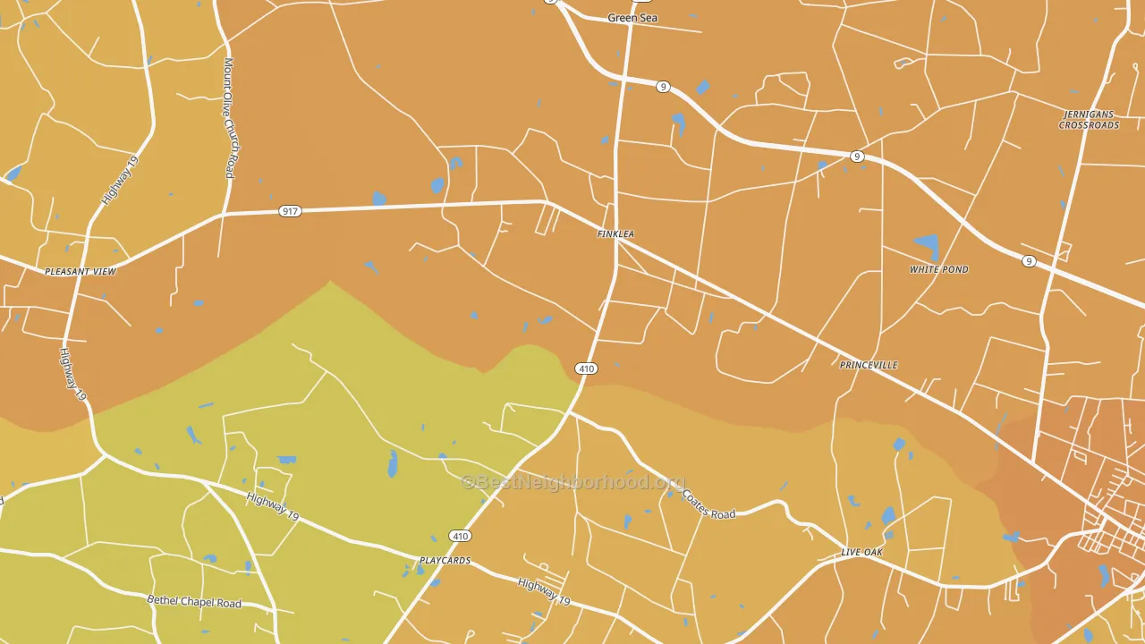 Map of the best neighborhoods in the Finklea area, with better matches in green and worse matches in red