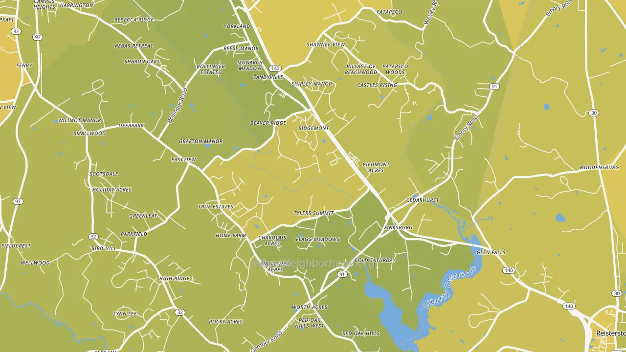 Map of the best neighborhoods in the Finksburg area, with better matches in green and worse matches in red