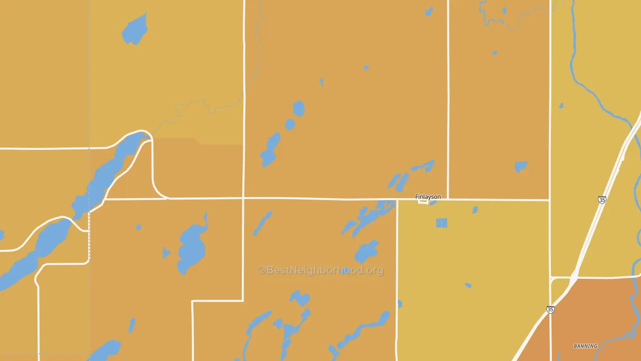 Map of the best neighborhoods in the Finlayson area, with better matches in green and worse matches in red
