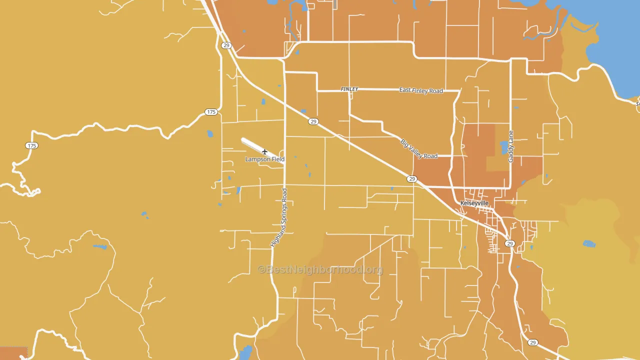 Map of the best neighborhoods in the Finley area, with better matches in green and worse matches in red