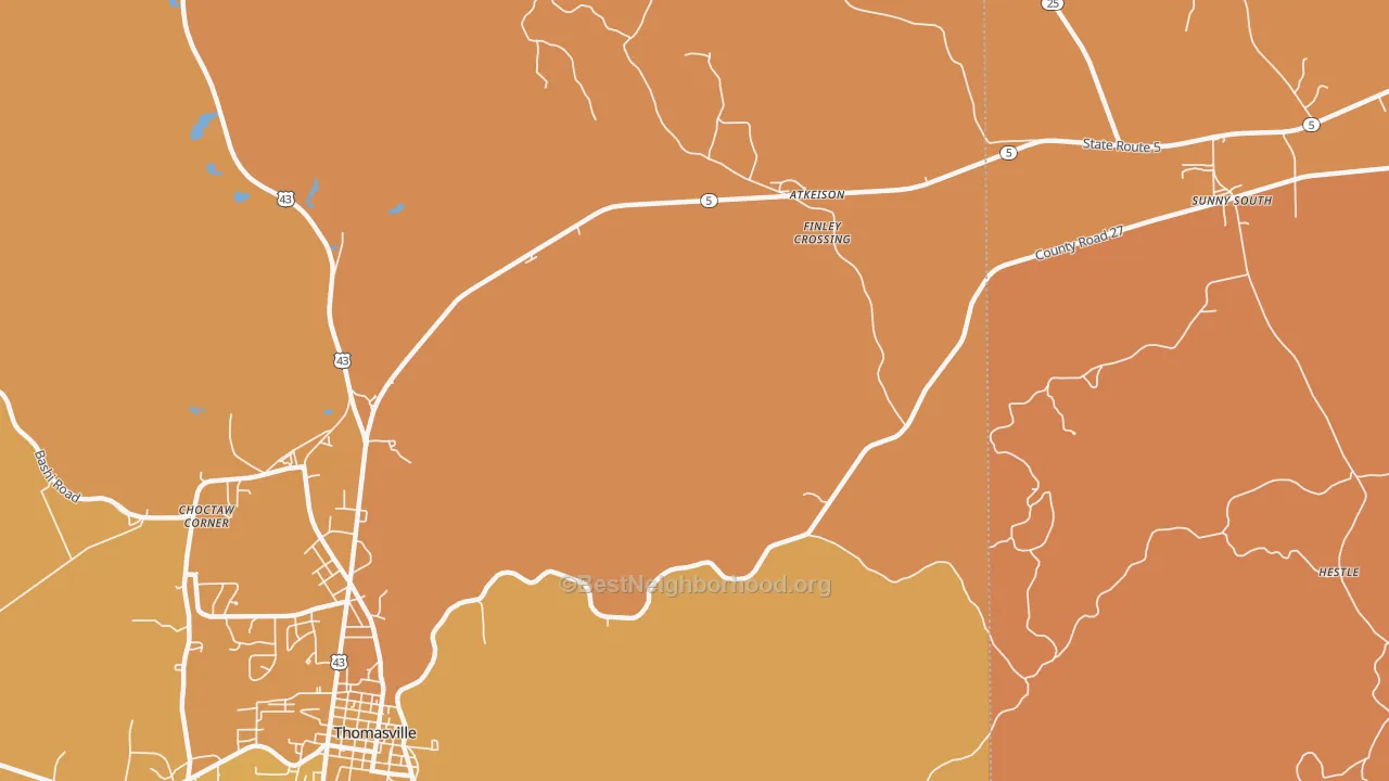 Map of the best neighborhoods in the Finley Crossing area, with better matches in green and worse matches in red