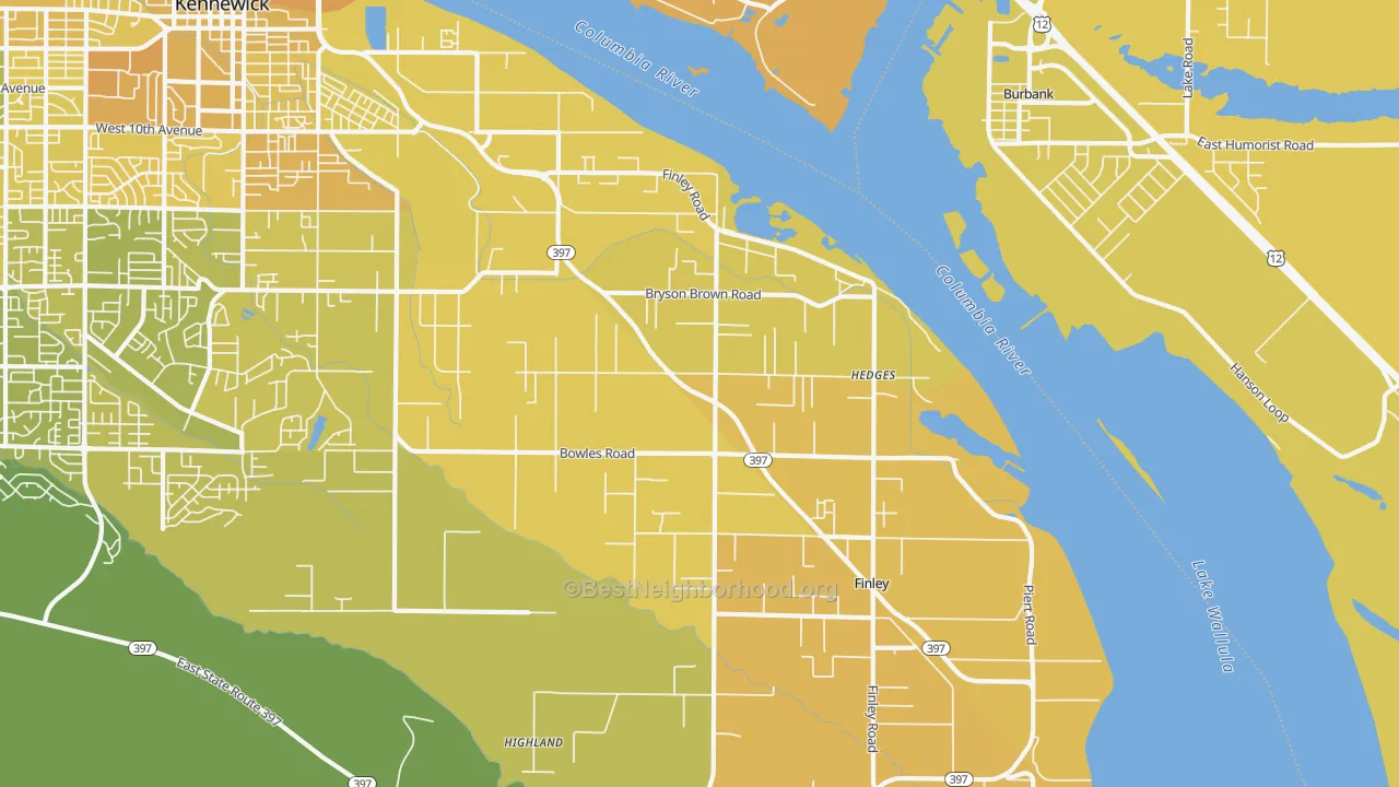 Map of the best neighborhoods in the Finley area, with better matches in green and worse matches in red