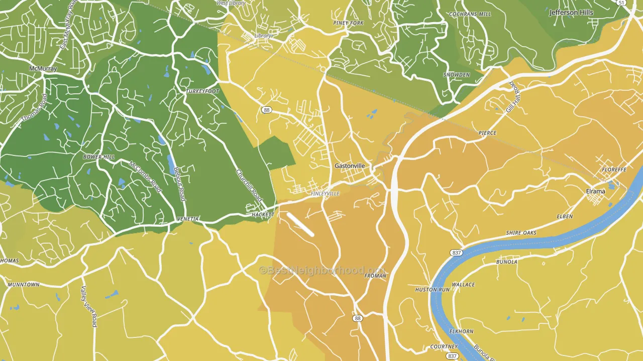Map of the best neighborhoods in the Finleyville area, with better matches in green and worse matches in red