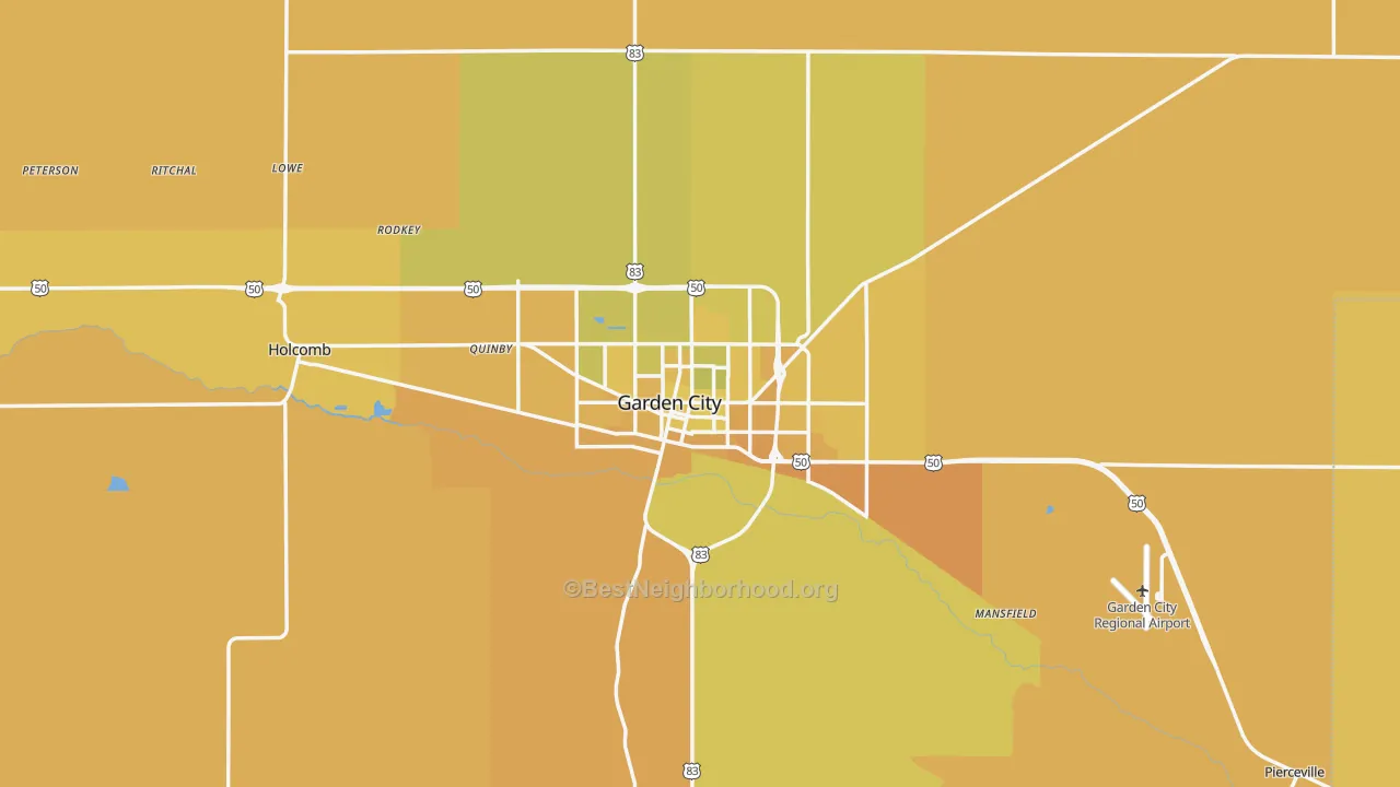 Map of the best neighborhoods in the Finney County area, with better matches in green and worse matches in red