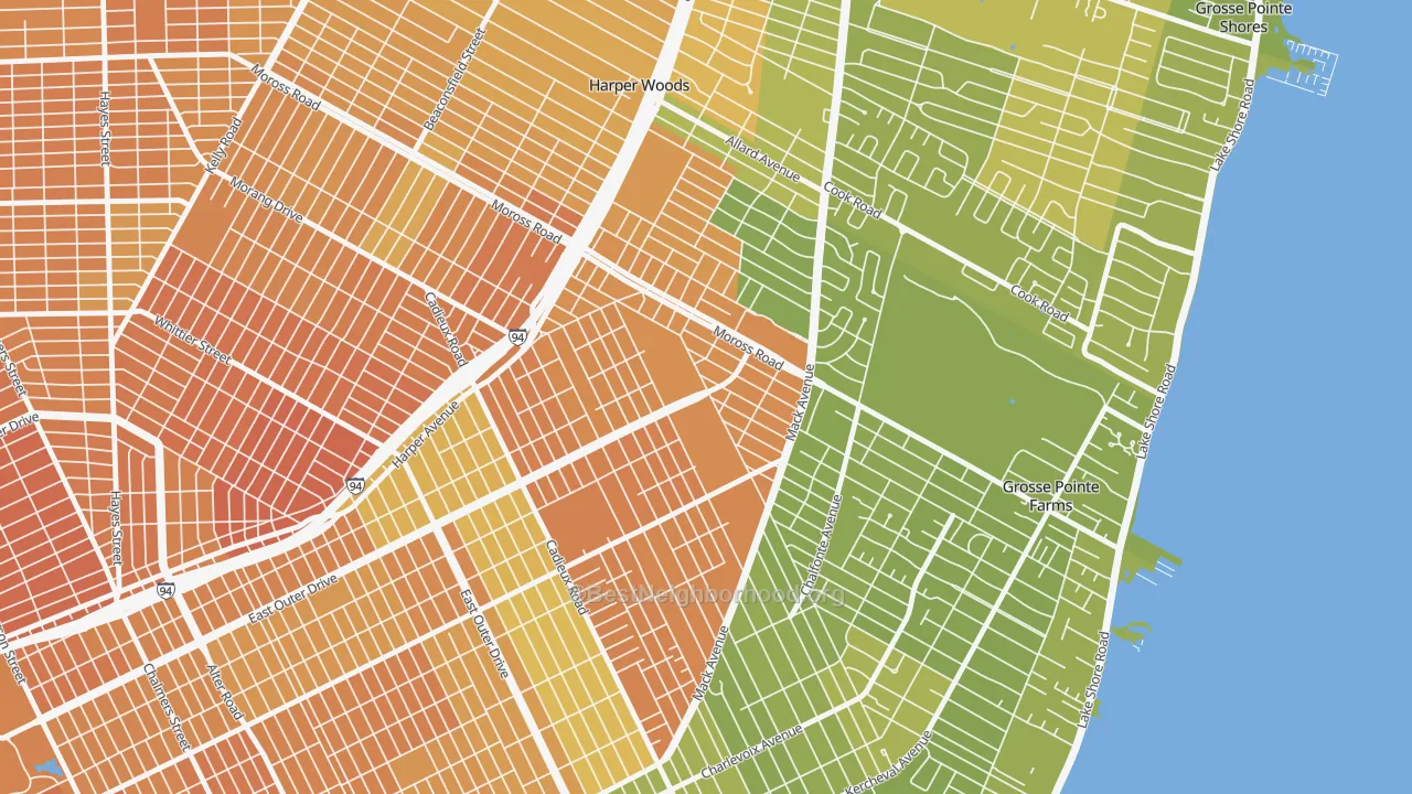 Map of the best neighborhoods in the Finney, Grosse Pointe area, with better matches in green and worse matches in red