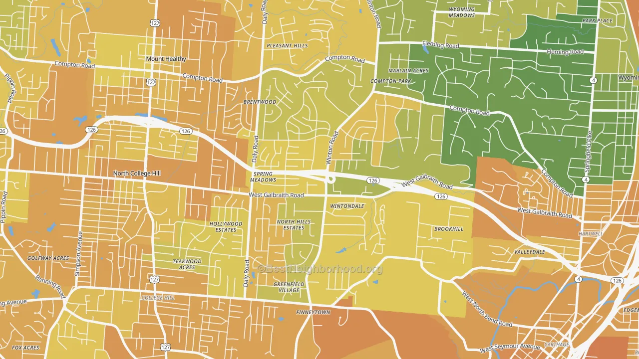 Map of the best neighborhoods in the Finneytown area, with better matches in green and worse matches in red
