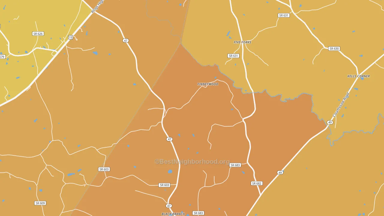 Map of the best neighborhoods in the Finneywood area, with better matches in green and worse matches in red