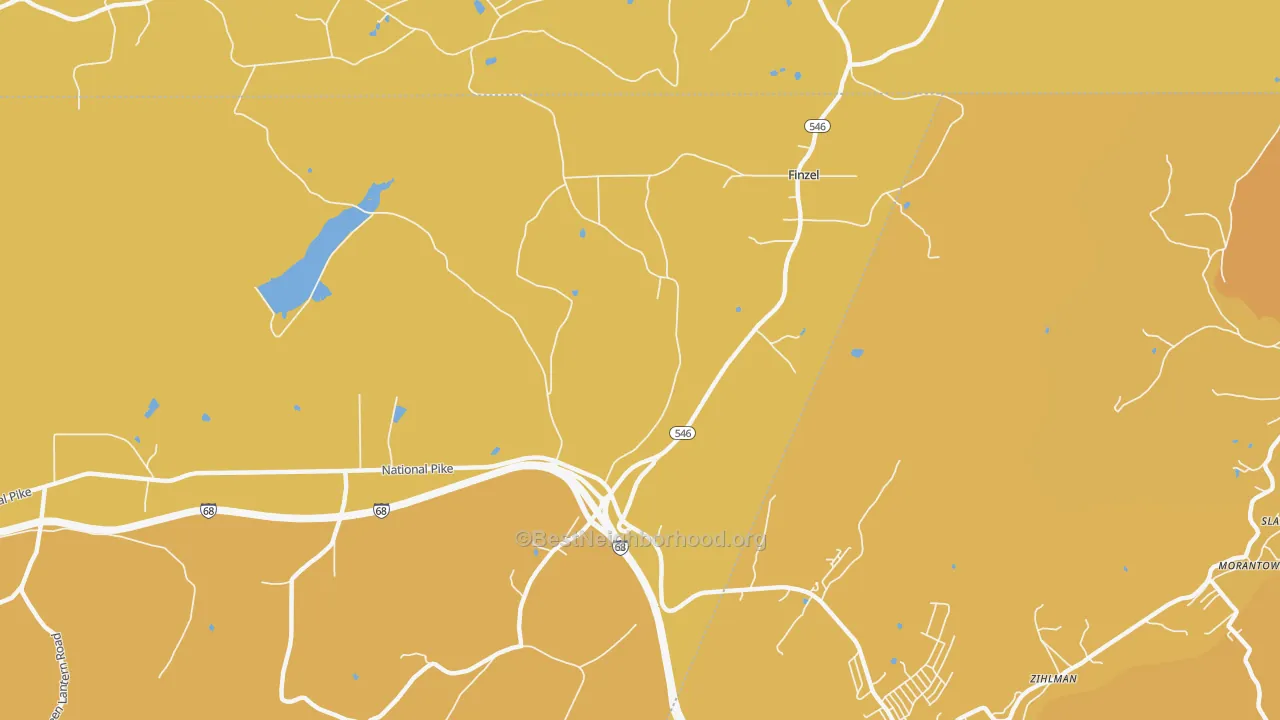 Map of the best neighborhoods in the Finzel area, with better matches in green and worse matches in red
