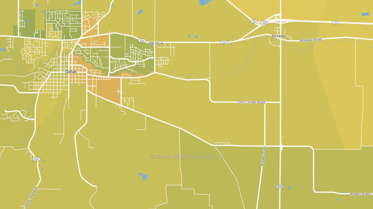 Map of the best neighborhoods in the Fir Villa area, with better matches in green and worse matches in red