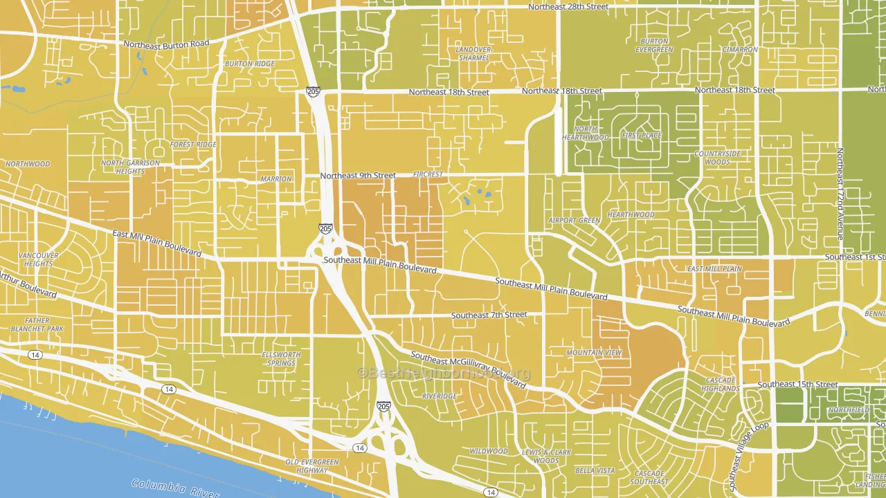 Map of the best neighborhoods in the Fircrest, Vancouver area, with better matches in green and worse matches in red