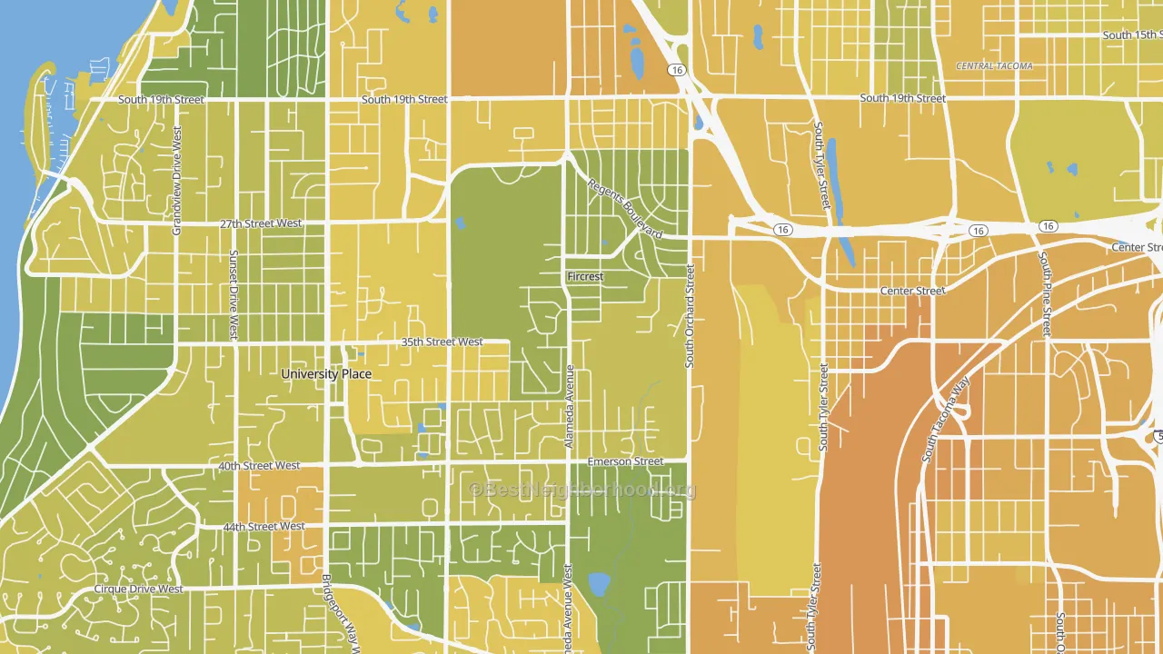 Map of the best neighborhoods in the Fircrest area, with better matches in green and worse matches in red