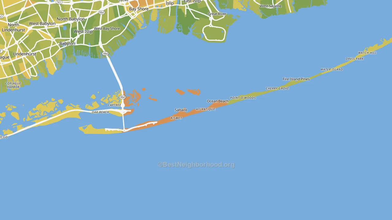 Map of the best neighborhoods in the Fire Island area, with better matches in green and worse matches in red