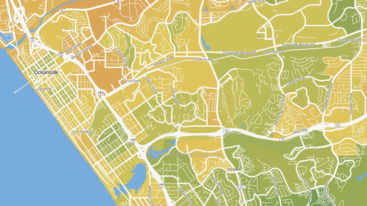 Map of the best neighborhoods in the Fire Mountain, Oceanside area, with better matches in green and worse matches in red