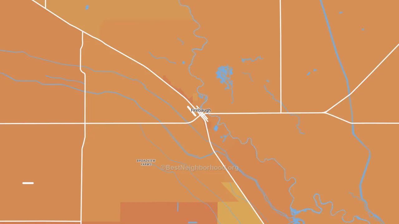 Map of the best neighborhoods in the Firebaugh area, with better matches in green and worse matches in red
