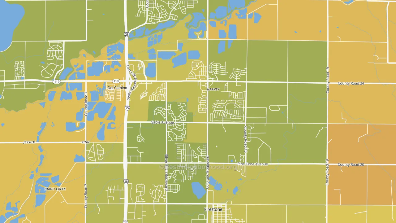 Map of the best neighborhoods in the Firestone area, with better matches in green and worse matches in red