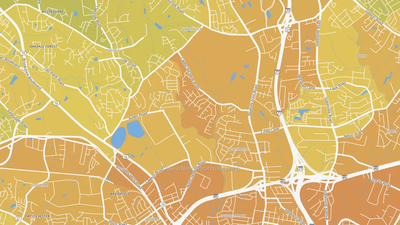 Map of the best neighborhoods in the Firestone-Garden Park, Charlotte area, with better matches in green and worse matches in red