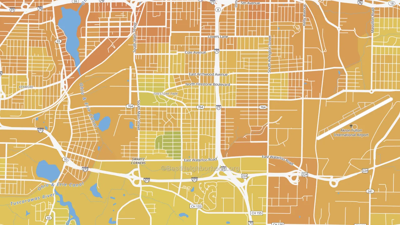 Map of the best neighborhoods in the Firestone Park, Akron area, with better matches in green and worse matches in red
