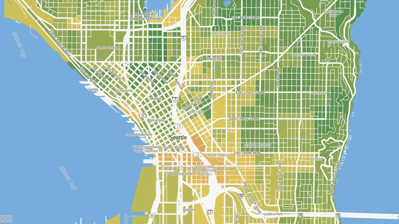 Map of the best neighborhoods in the First Hill, Seattle area, with better matches in green and worse matches in red