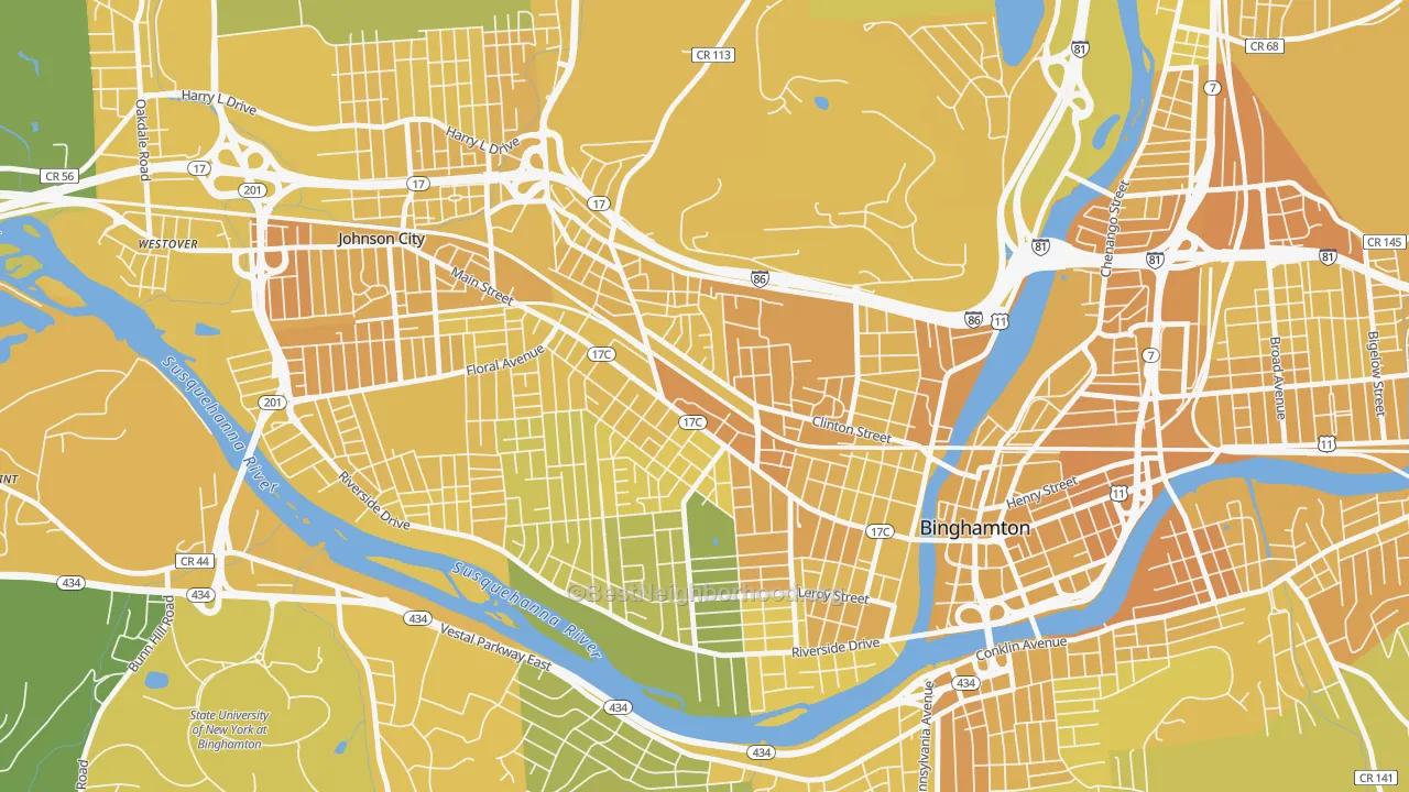 Map of the best neighborhoods in the First Ward, Binghamton area, with better matches in green and worse matches in red