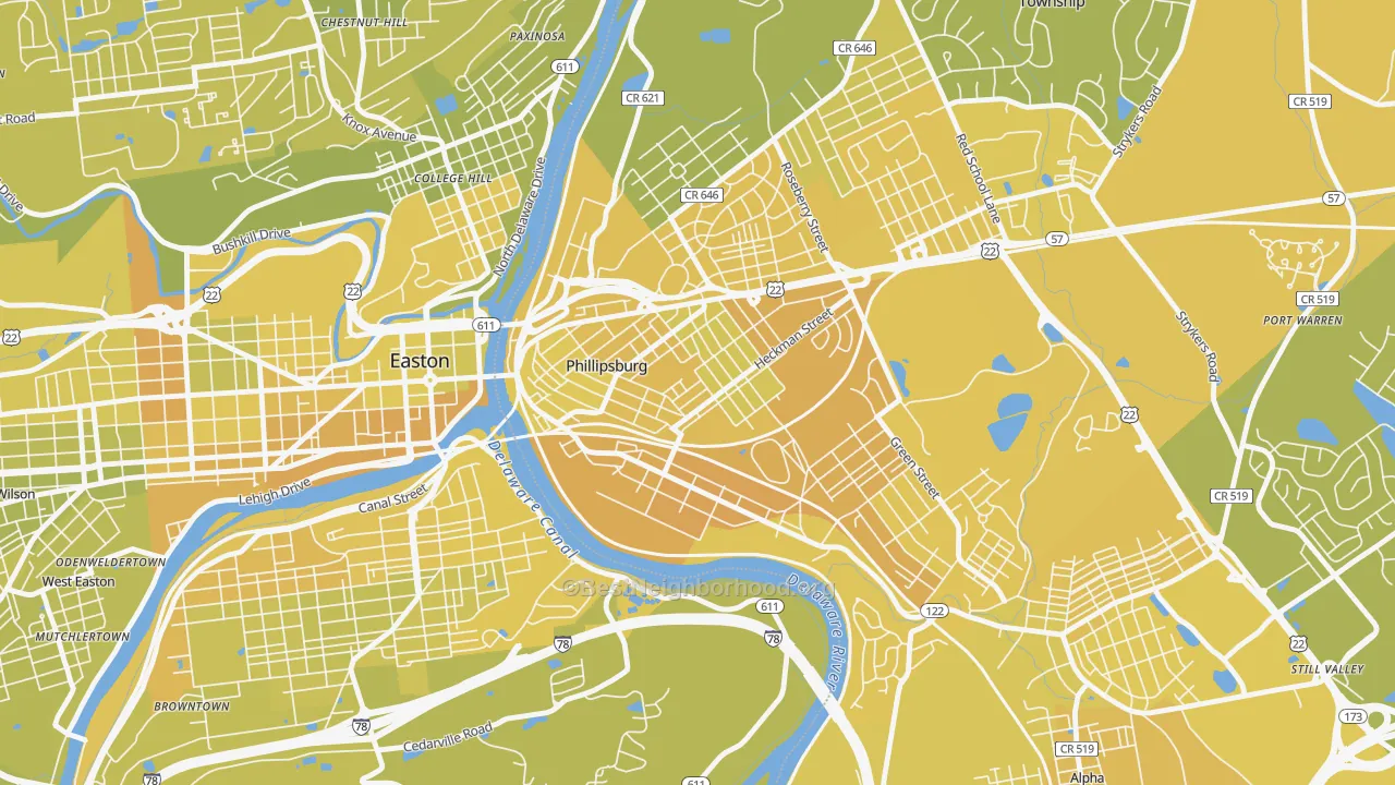 Map of the best neighborhoods in the Firthtown, Phillipsburg area, with better matches in green and worse matches in red