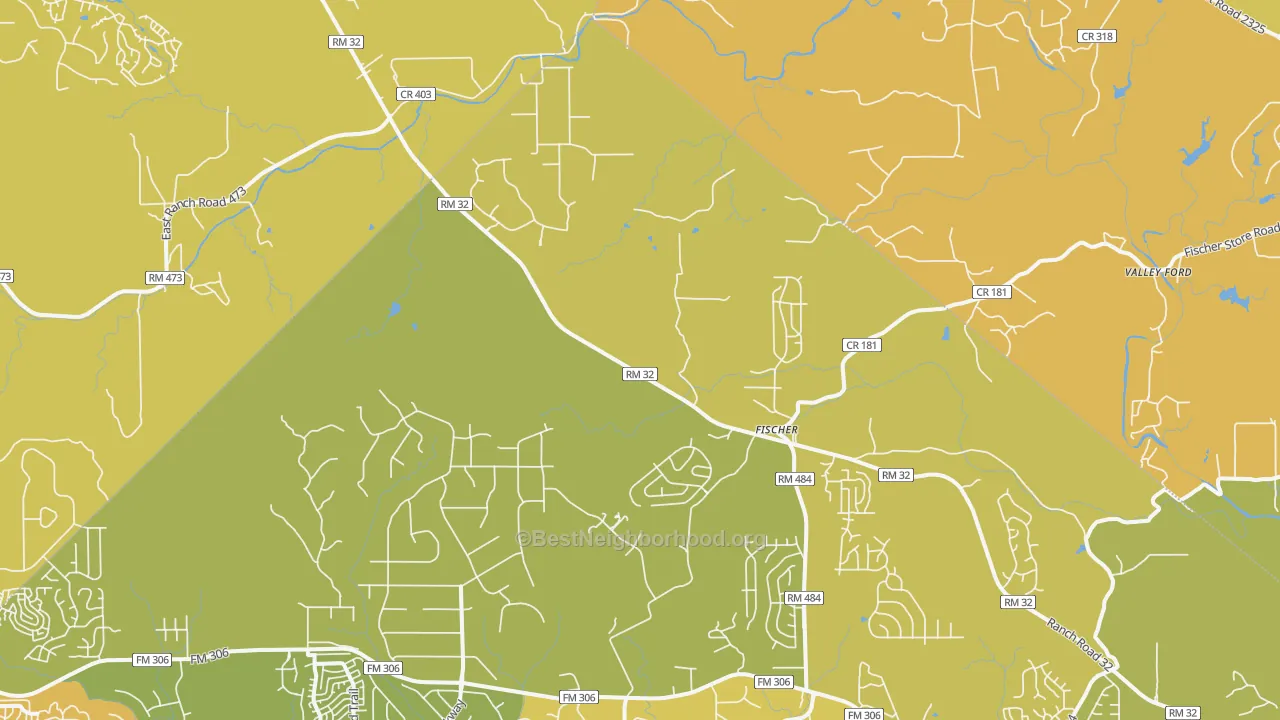 Map of the best neighborhoods in the Fischer area, with better matches in green and worse matches in red