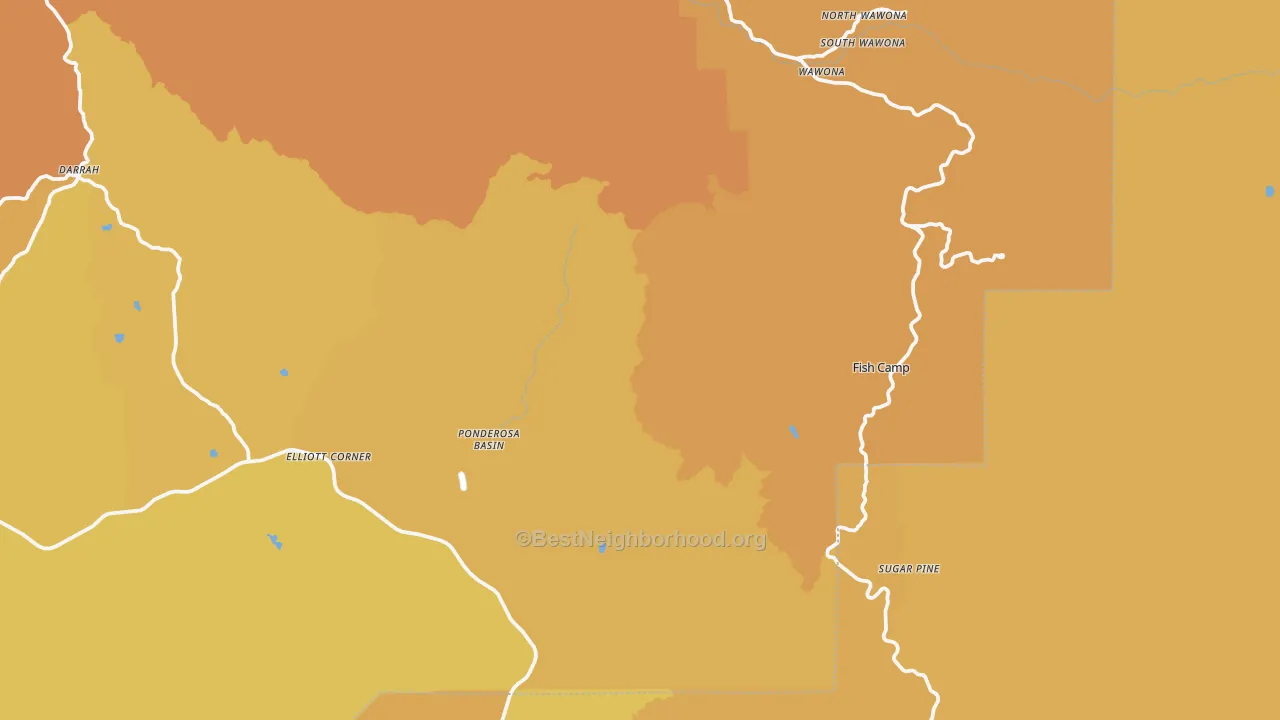 Map of the best neighborhoods in the Fish Camp area, with better matches in green and worse matches in red