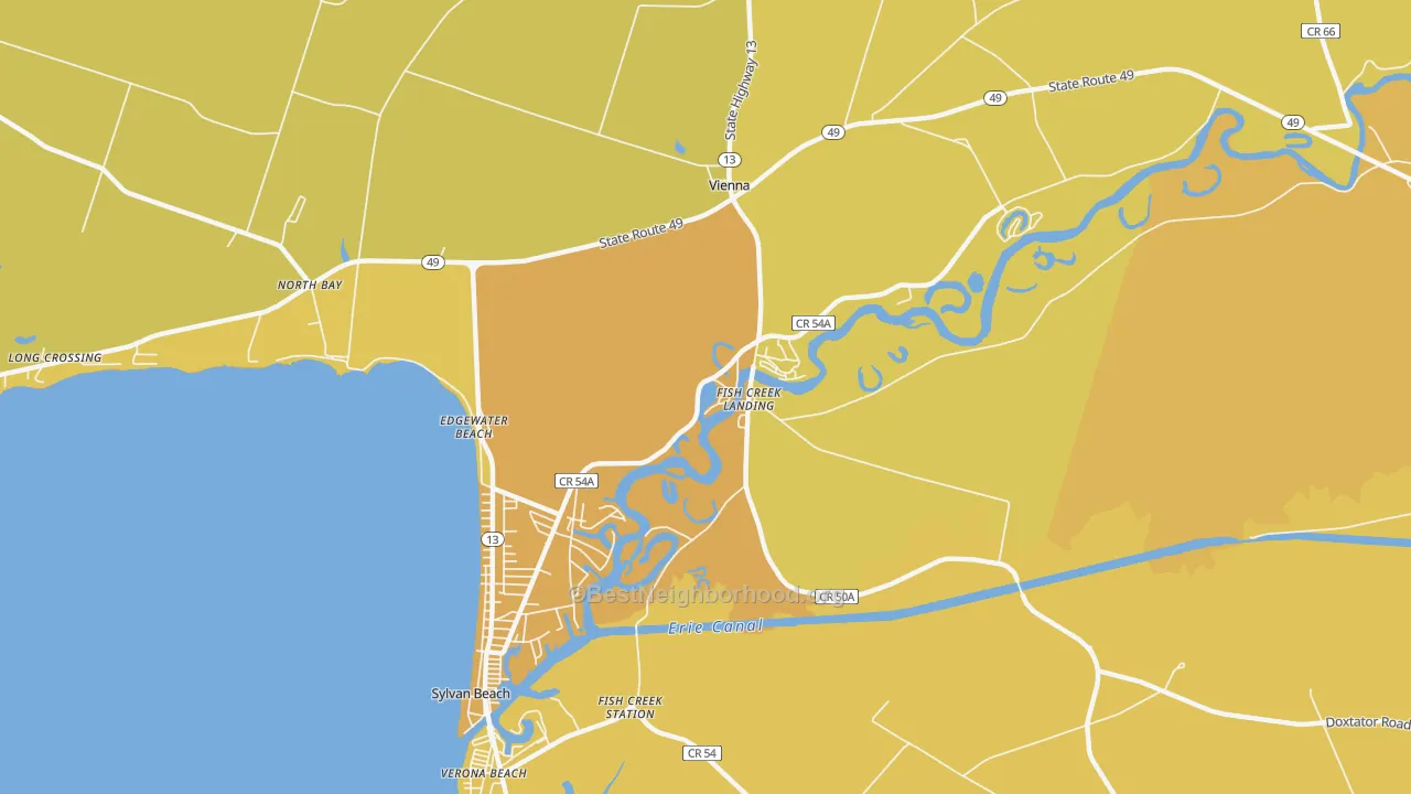 Map of the best neighborhoods in the Fish Creek Landing area, with better matches in green and worse matches in red