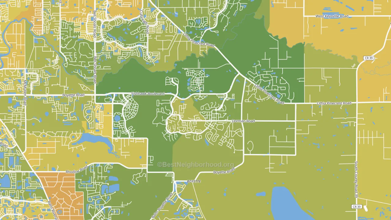 Map of the best neighborhoods in the Fish Hawk area, with better matches in green and worse matches in red