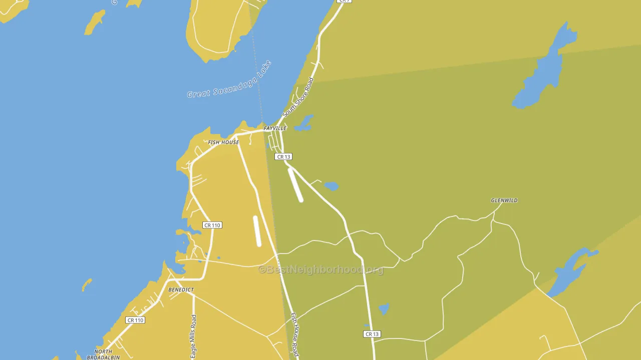 Map of the best neighborhoods in the Fish House area, with better matches in green and worse matches in red
