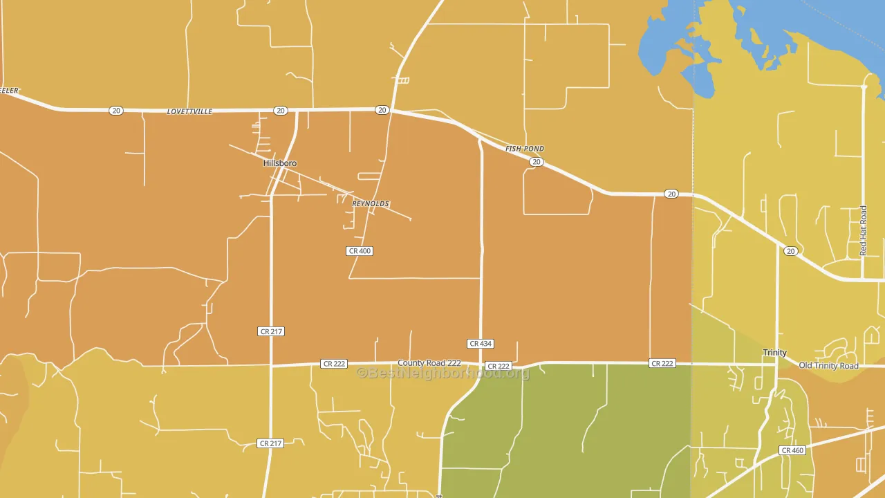Map of the best neighborhoods in the Fish Pond area, with better matches in green and worse matches in red