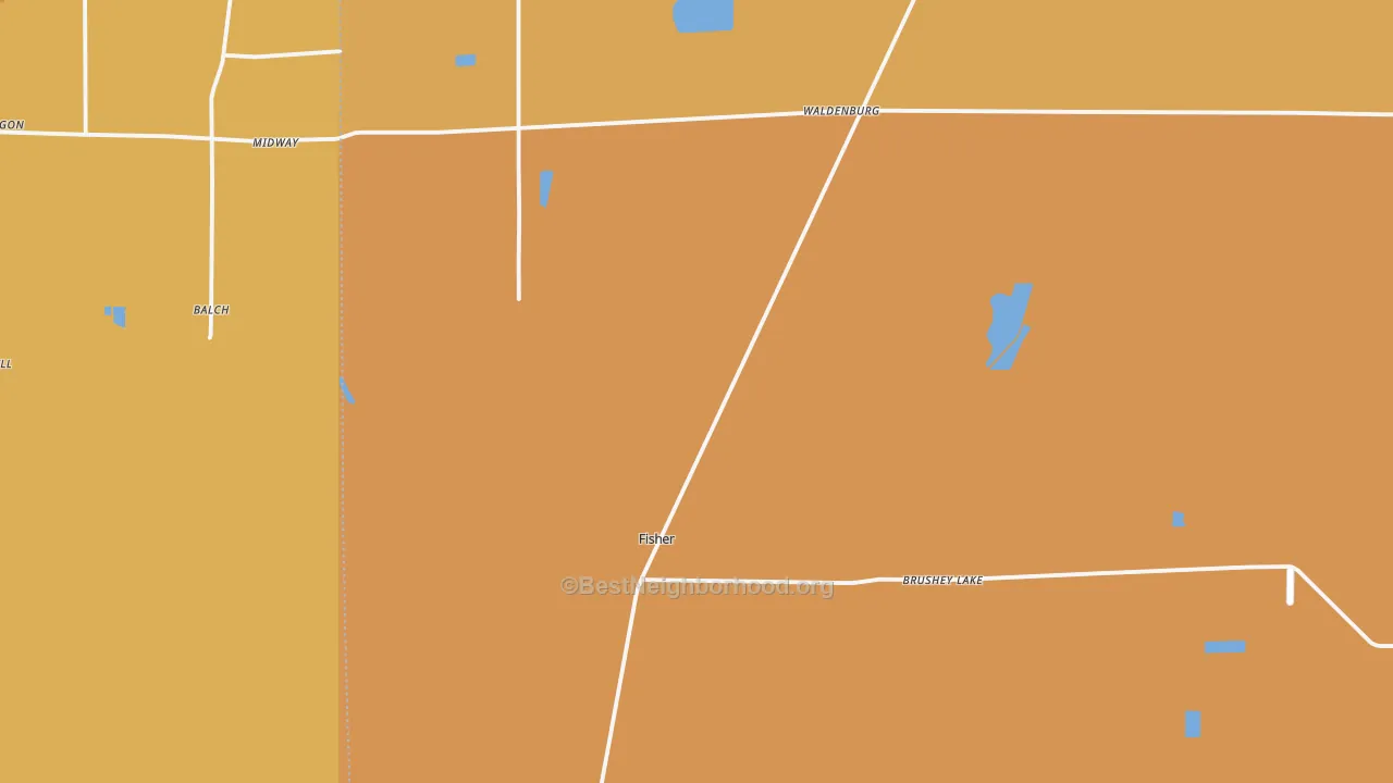 Map of the best neighborhoods in the Fisher area, with better matches in green and worse matches in red