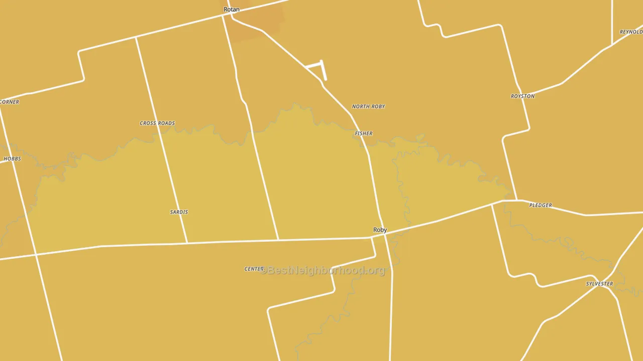 Map of the best neighborhoods in the Fisher County area, with better matches in green and worse matches in red