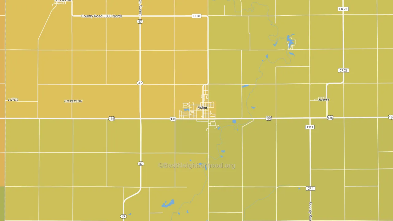 Map of the best neighborhoods in the Fisher area, with better matches in green and worse matches in red