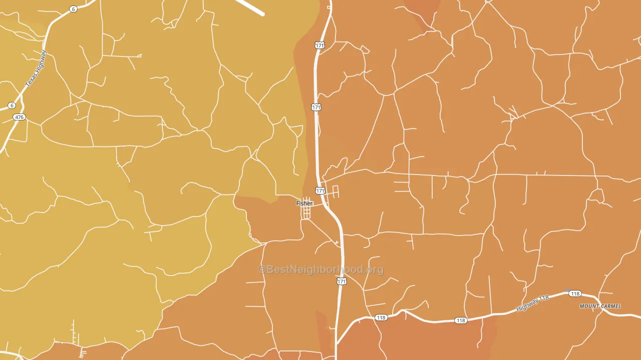 Map of the best neighborhoods in the Fisher area, with better matches in green and worse matches in red