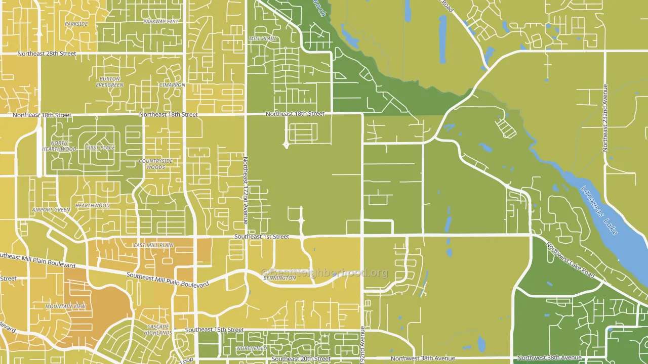 Map of the best neighborhoods in the Fisher-Mill Plain-Fisher's Village, Vancouver area, with better matches in green and worse matches in red