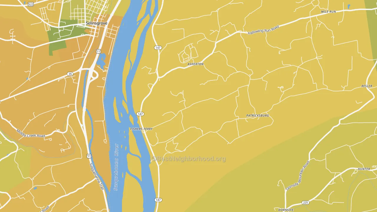 Map of the best neighborhoods in the Fishers Ferry area, with better matches in green and worse matches in red