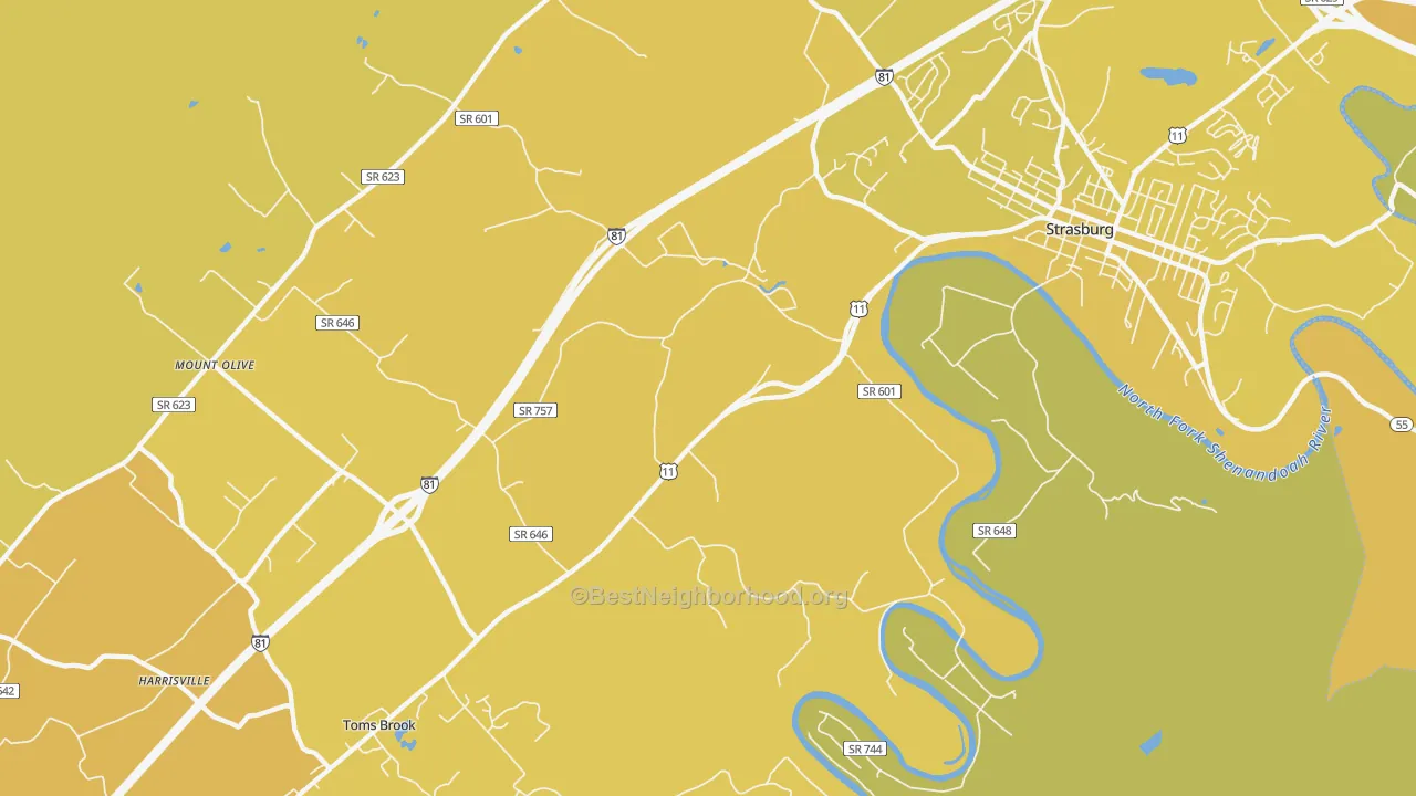 Map of the best neighborhoods in the Fishers Hill area, with better matches in green and worse matches in red
