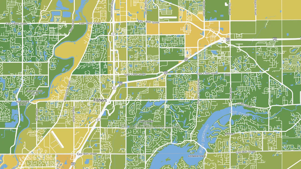 Map of the best neighborhoods in the Fishers area, with better matches in green and worse matches in red
