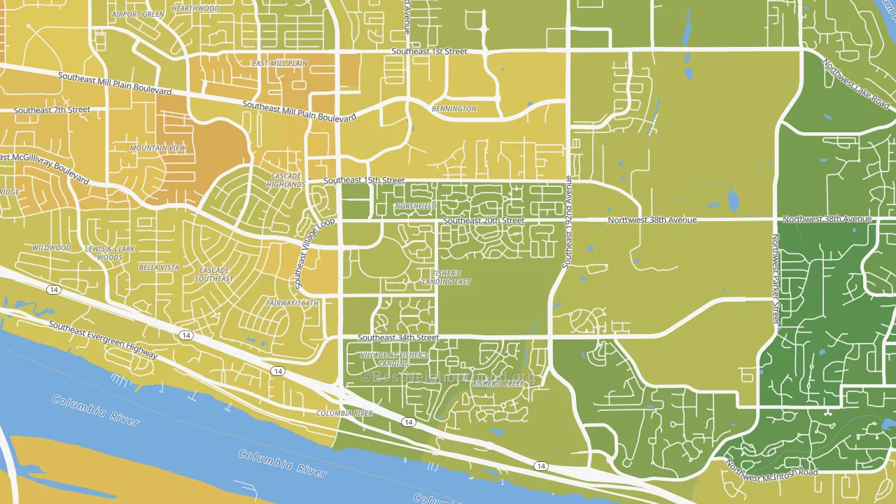 Map of the best neighborhoods in the Fishers Landing East, Vancouver area, with better matches in green and worse matches in red