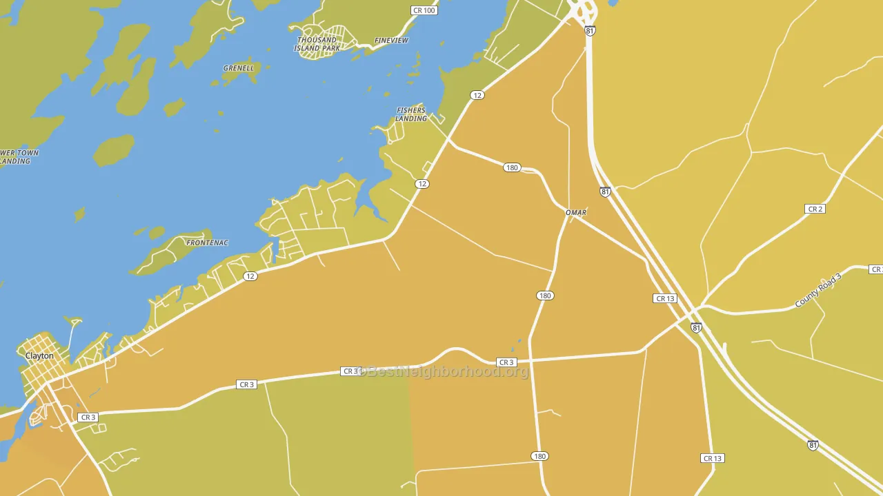 Map of the best neighborhoods in the Fishers Landing area, with better matches in green and worse matches in red