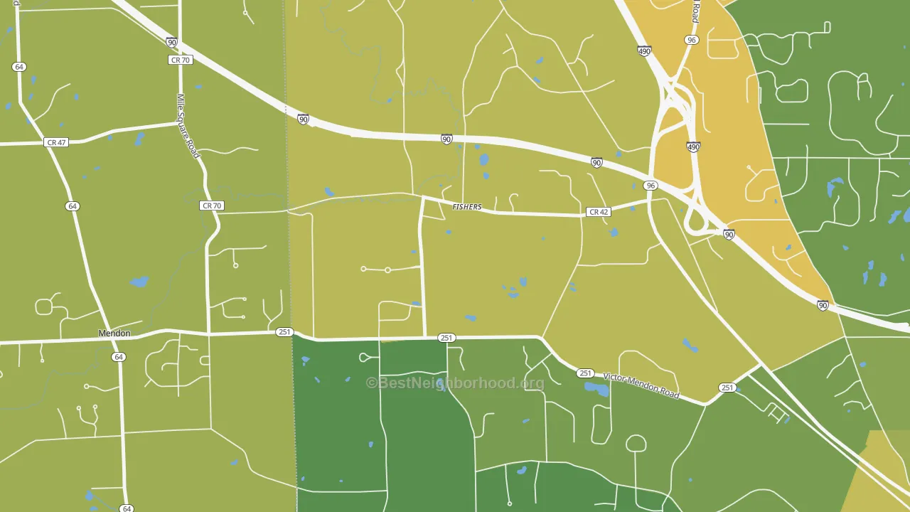 Map of the best neighborhoods in the Fishers area, with better matches in green and worse matches in red