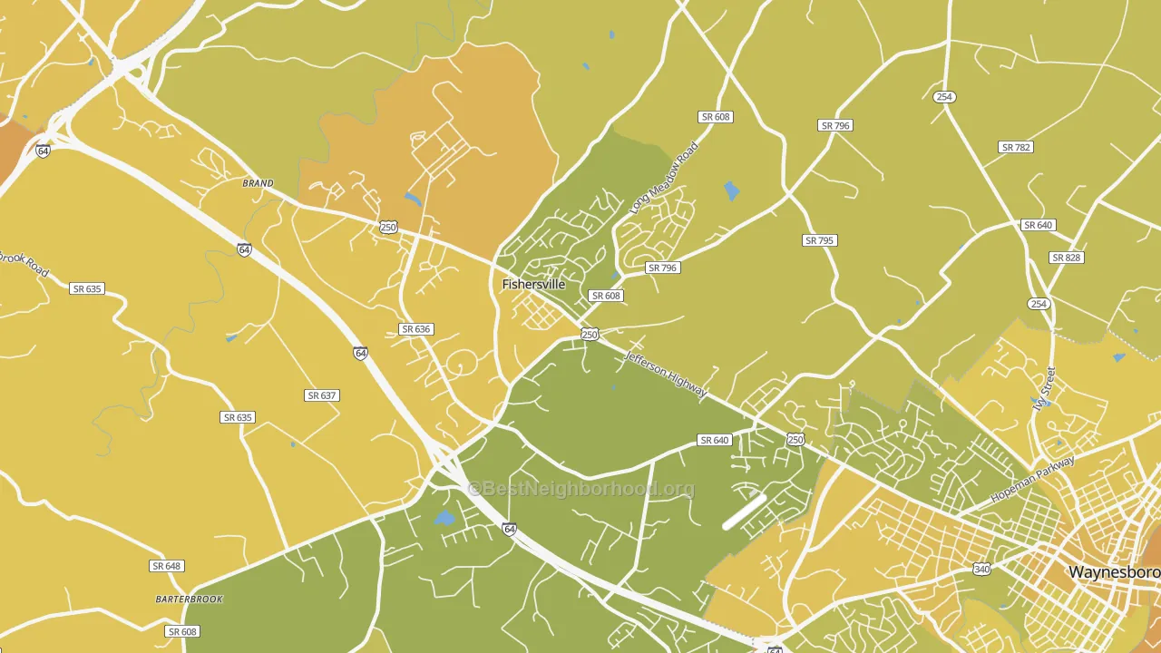 Map of the best neighborhoods in the Fishersville area, with better matches in green and worse matches in red