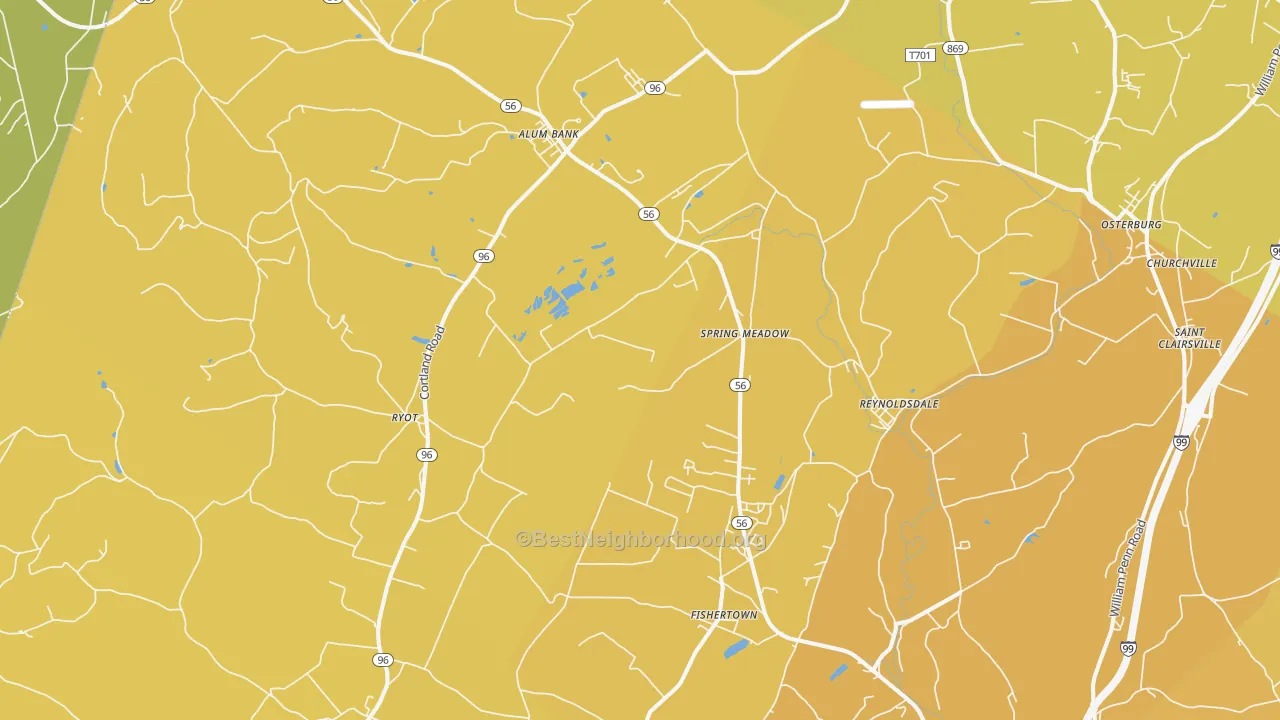 Map of the best neighborhoods in the Fishertown area, with better matches in green and worse matches in red