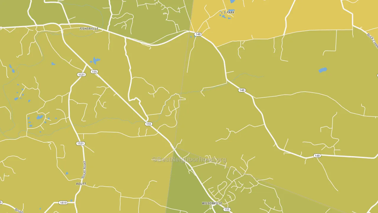 Map of the best neighborhoods in the Fisherville area, with better matches in green and worse matches in red