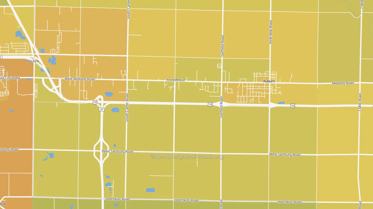 Map of the best neighborhoods in the Fisherville area, with better matches in green and worse matches in red
