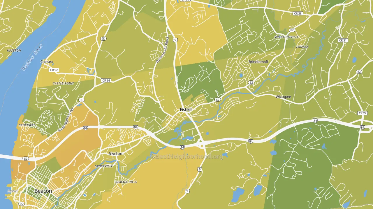 Map of the best neighborhoods in the Fishkill area, with better matches in green and worse matches in red