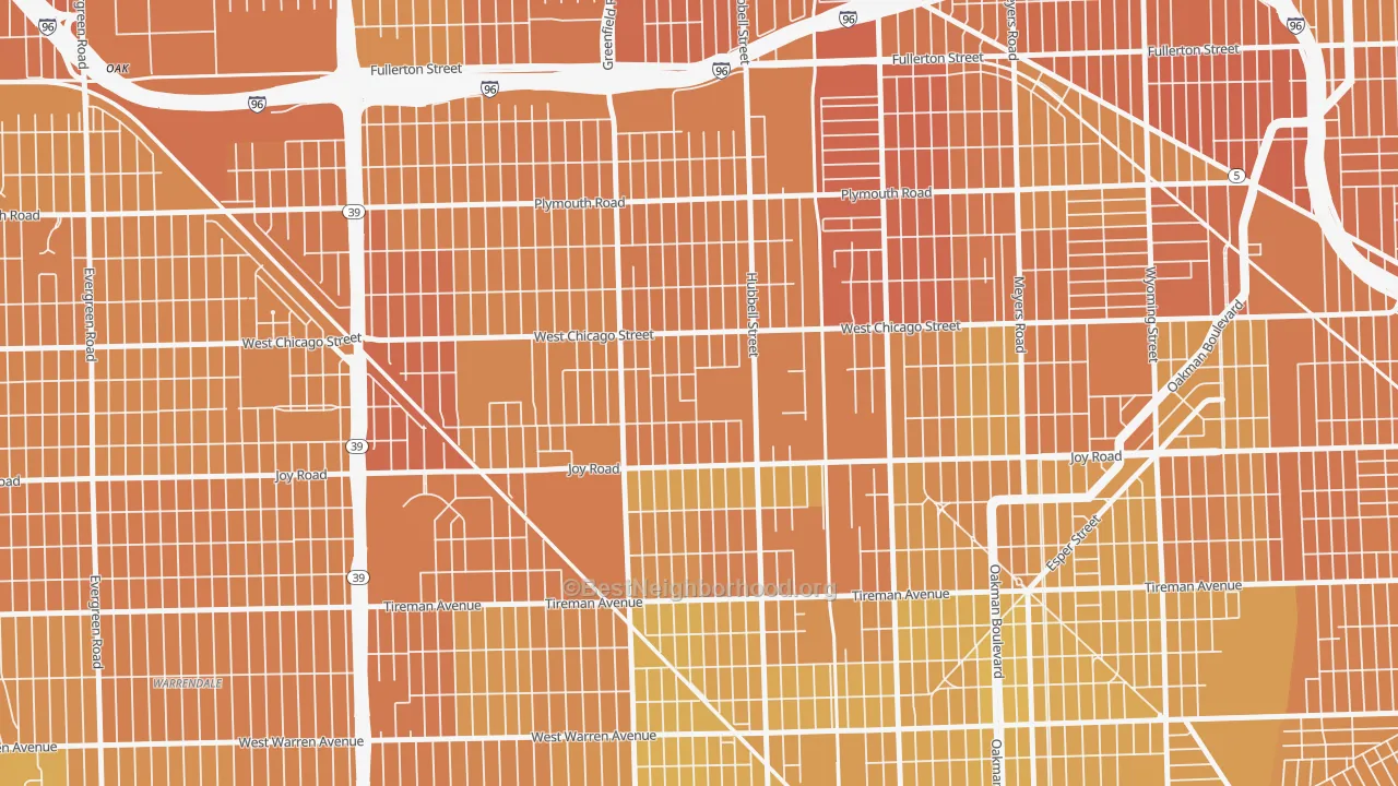 Map of the best neighborhoods in the Fishkorn, Detroit area, with better matches in green and worse matches in red